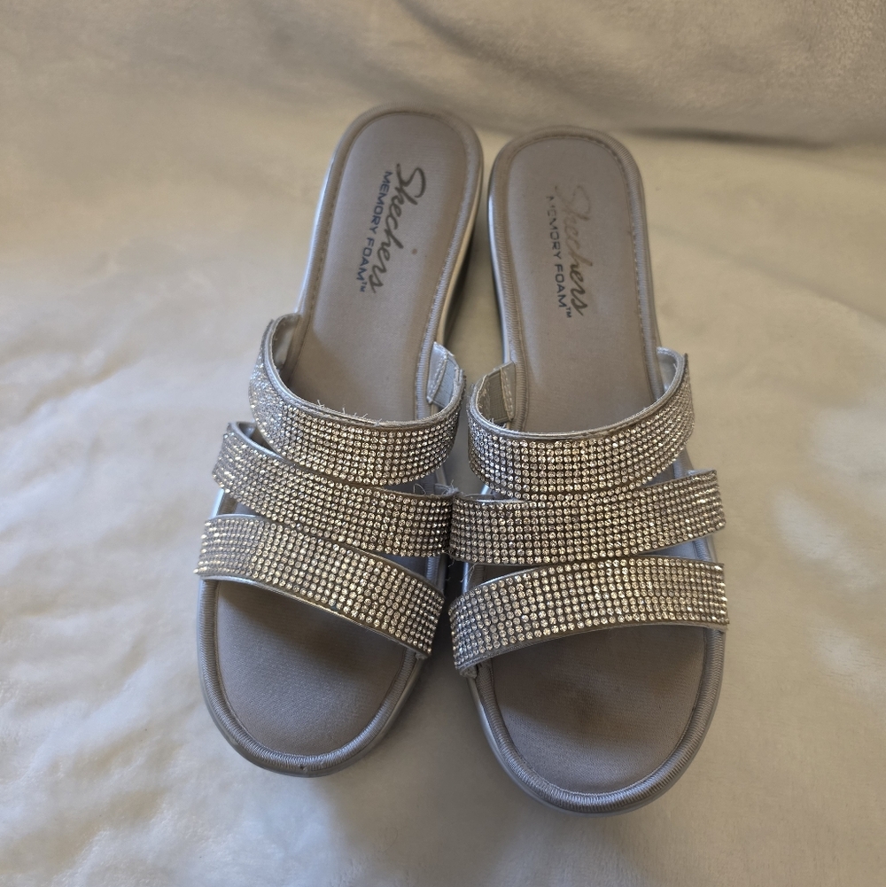 Skechers Silver Rhinestone Triple-Strap Slide Wedge Sandals
